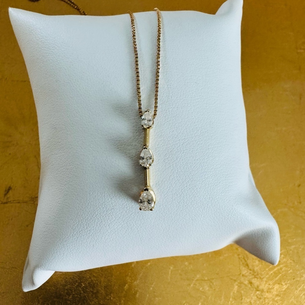 14K Yellow Gold and Diamond Teardrop Necklace and Pendant 3 stone pear vertical